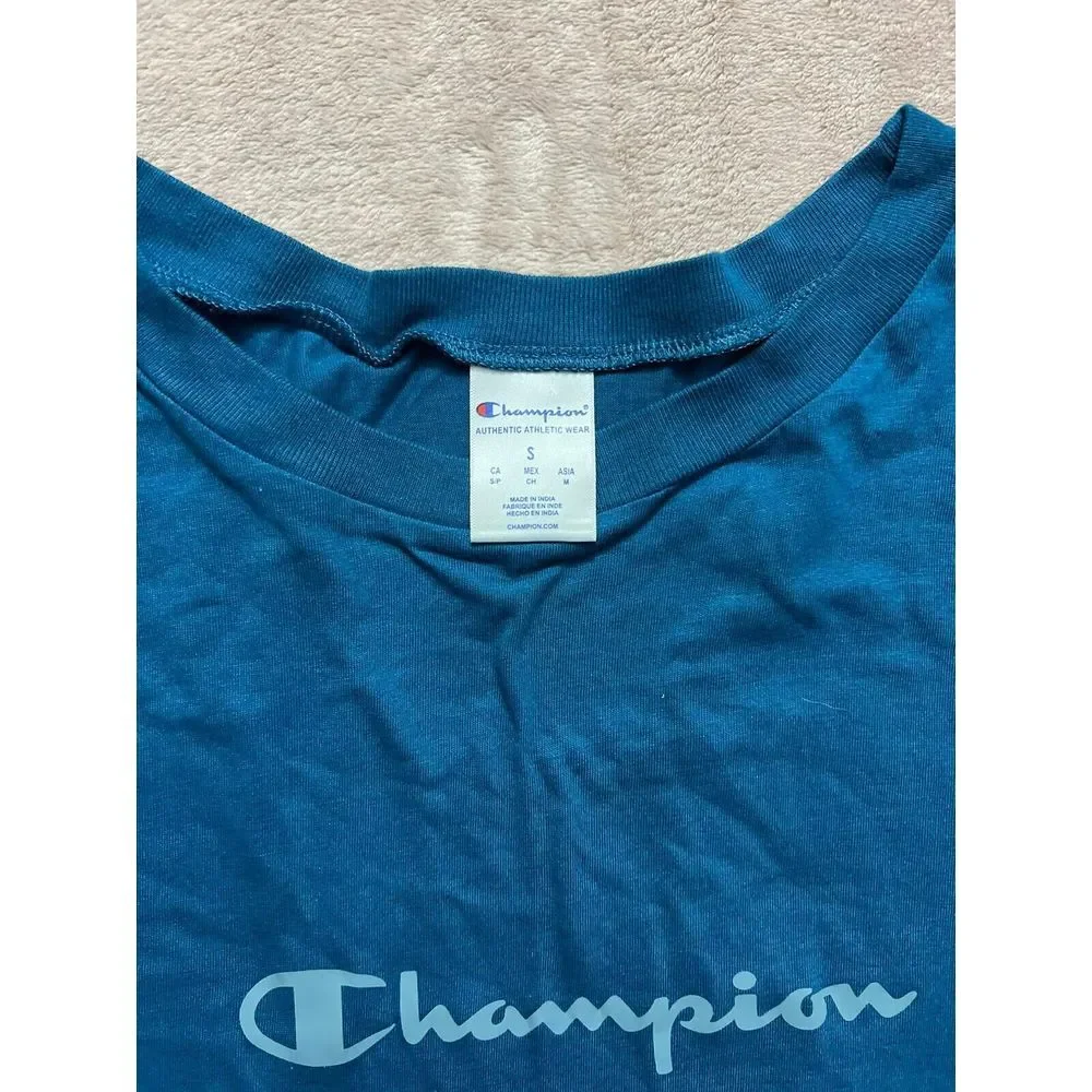 Champion Men T-Shirt Logo Spellout Long Sleeve Tee Pullover Blue Size Small‎